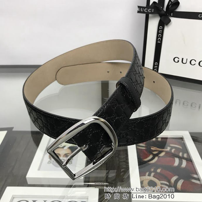 GUCCI古馳 官網新款 正品規格 原單品質 頭層小牛皮壓大花 日字型針扣 男士皮帶  xfp1306